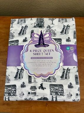 Halloween Witch & Friends Spooky Town Black & White Queen 4-Piece Sheet Set, NEW